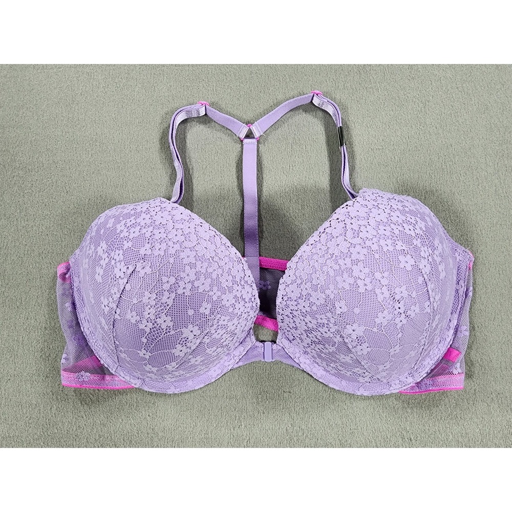 Victoria's Secret Purple Floral Lace Push-Up Underwire Bra 38C Front Clasp